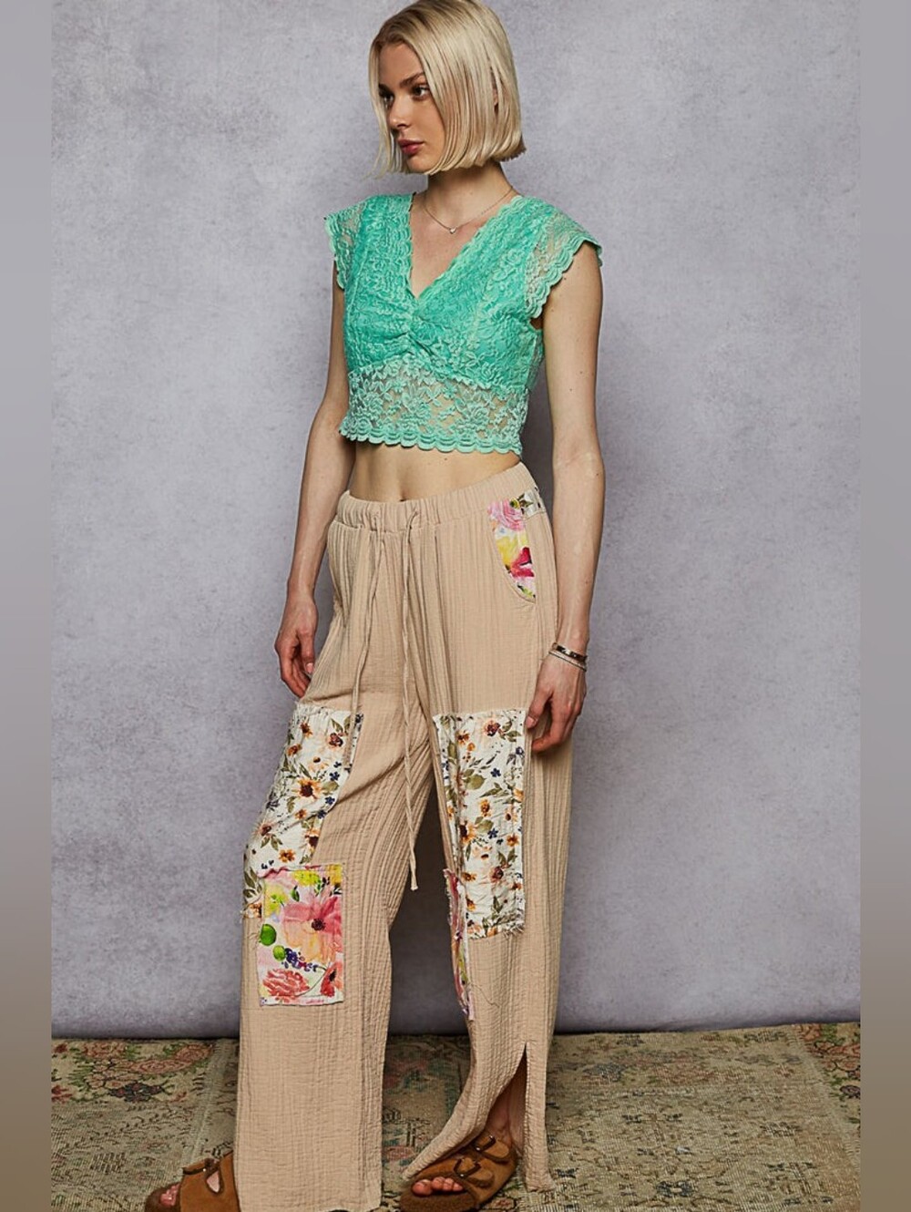 POL Beige Wide-Leg Patchwork Pants-NWOT